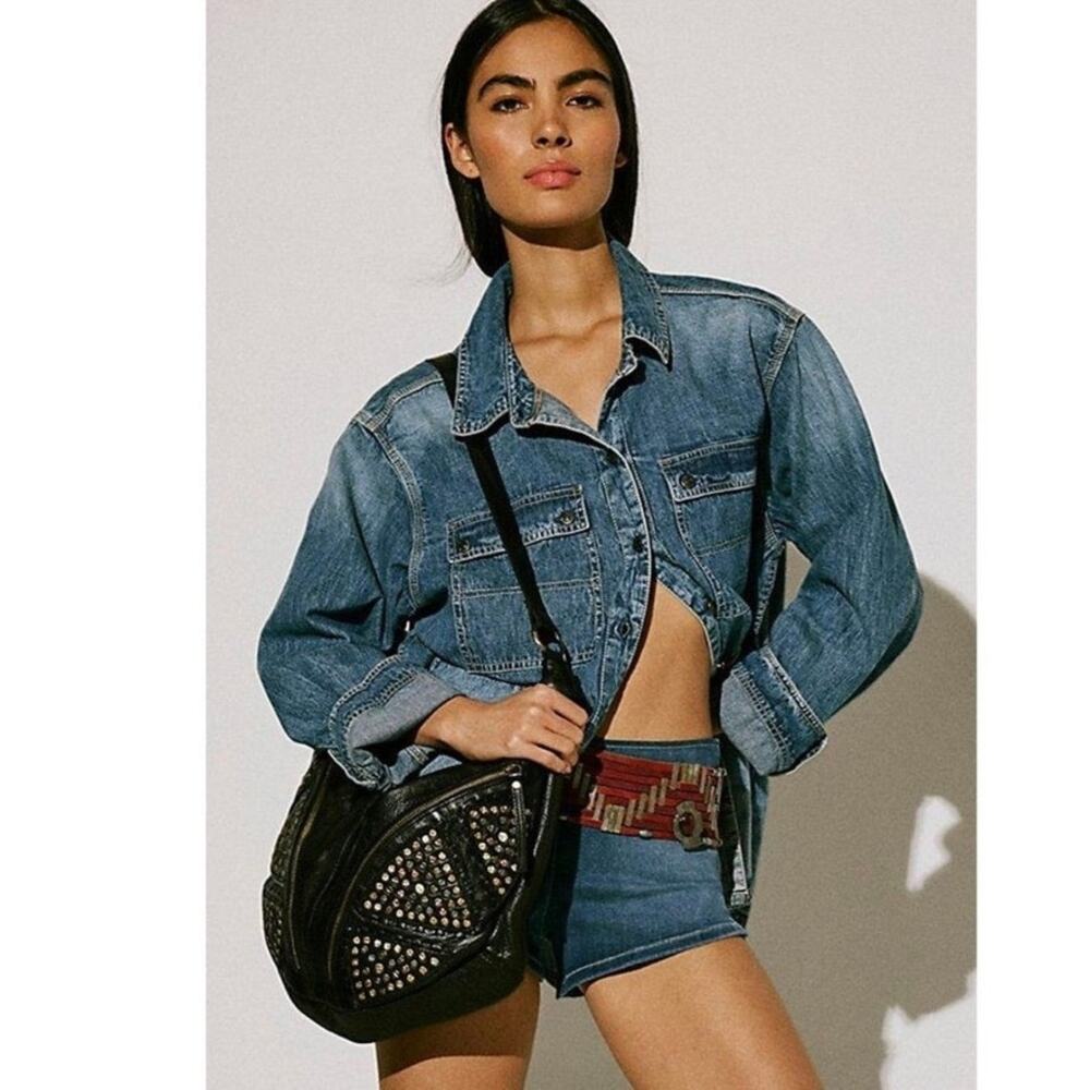 Free People West Side Studded Sling Black Leather Hobo Bag Purse Boho Bikercore